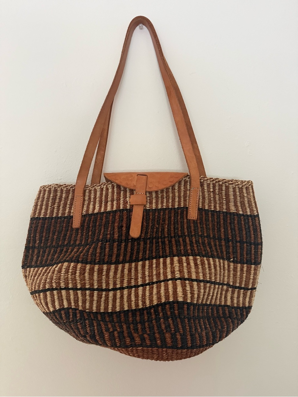 Jenna Bee Brown Striped Sisal Basket Bag Leather Flap Boho Handmade